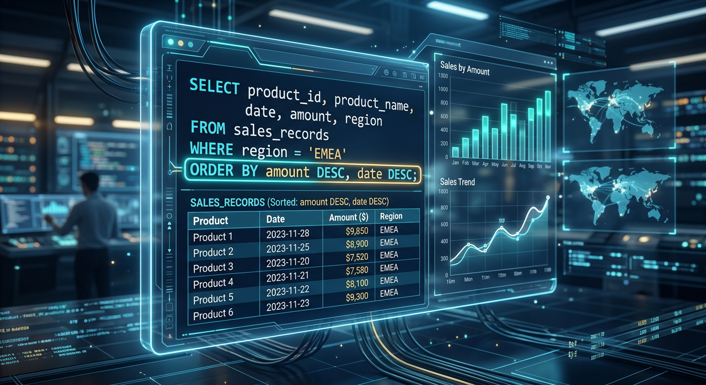 Consulta SQL con ORDER BY ordenando una tabla de ventas por importe y fecha
